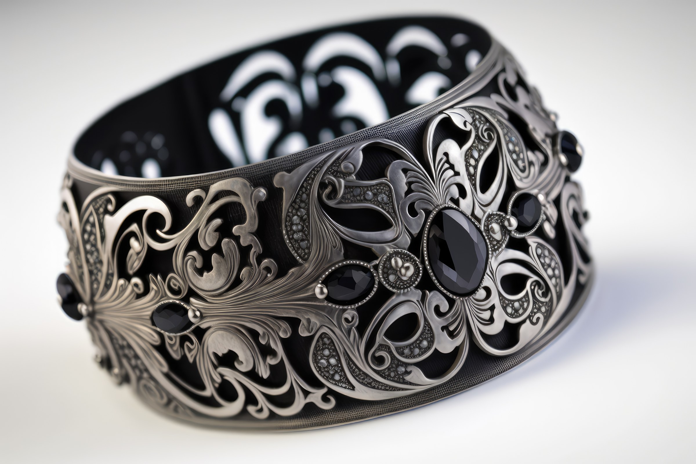 Filigranul – Dantelăria metalului - white background with intricate black silver bracelet created with generative ai 1